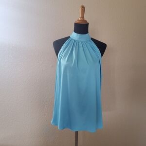 Boston Proper Satin High Neck Haler Top Size 12 Blue